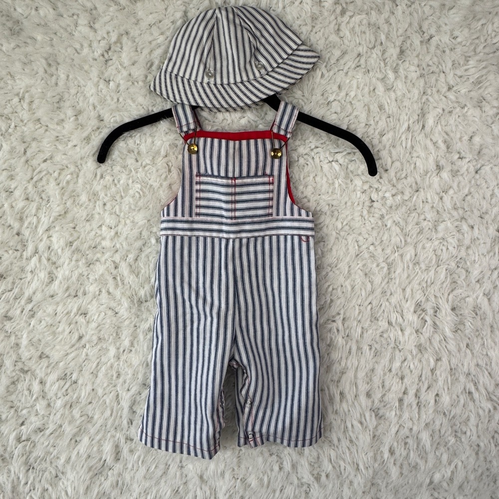 Vintage Baby Overalls Set 9M Blue White Striped Nautical Hat Coastal Sailor Core